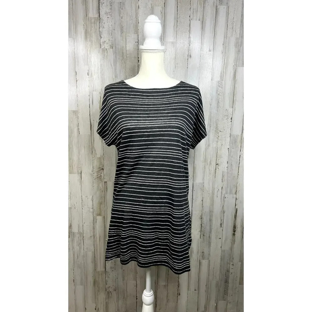 Eileen Fisher Women's XS Black & White Striped Tunic Top Short Sleeve Boat Neck‎